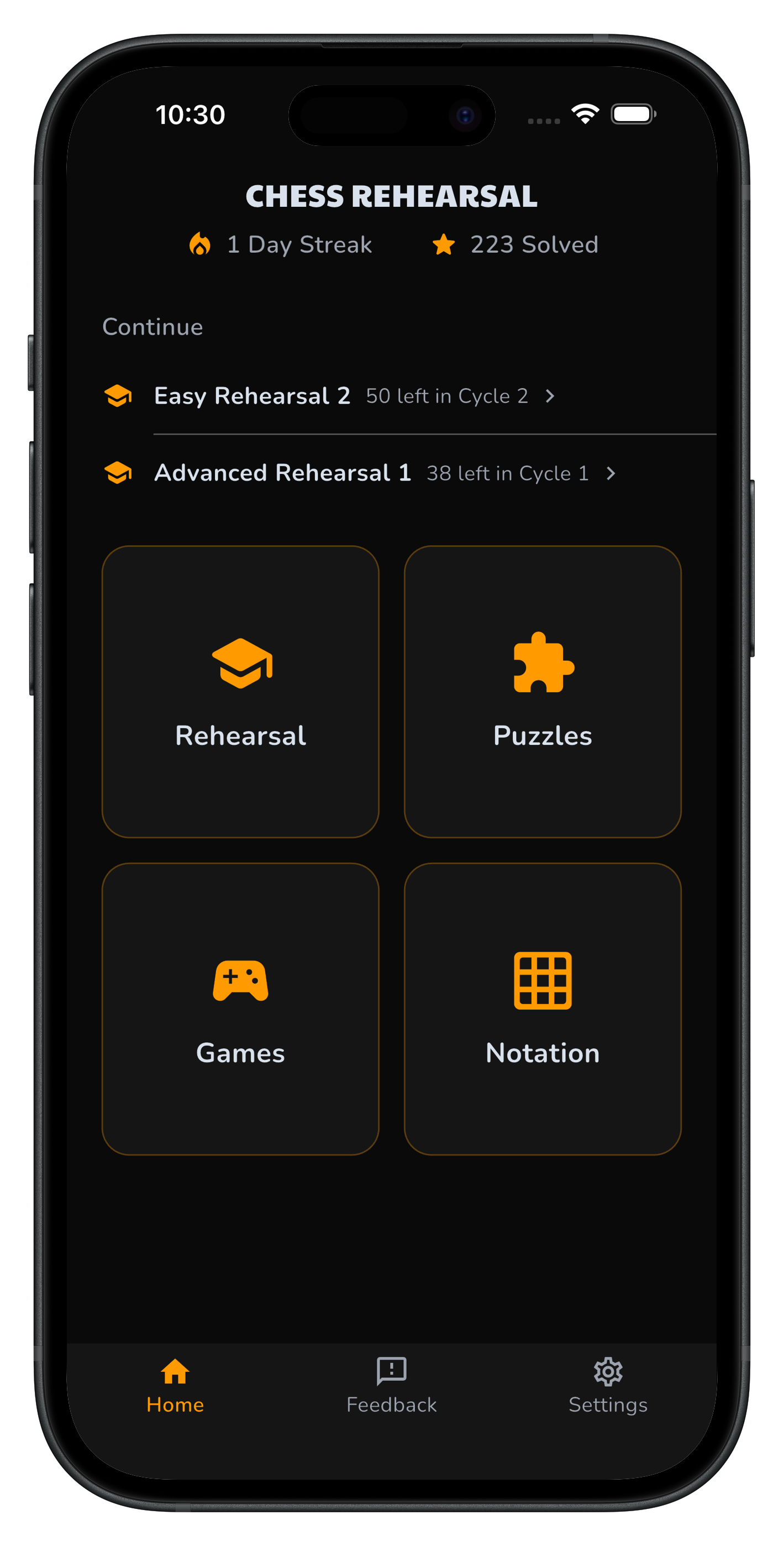 Chess Rehearsal home dashboard with Rehearsal, Puzzles, Games, and Notation tiles