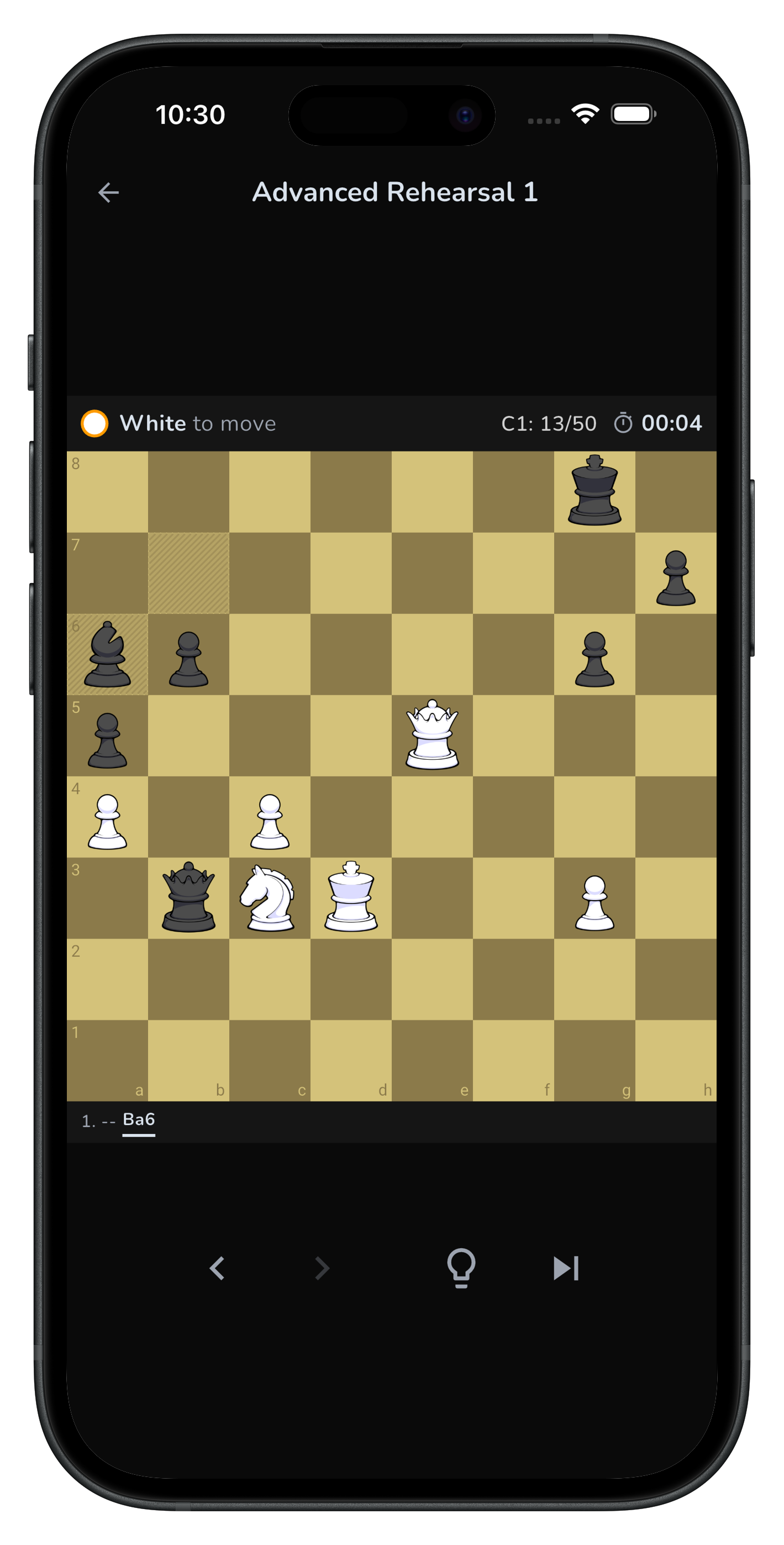 Chess board mid-puzzle showing white-to-move tactical position